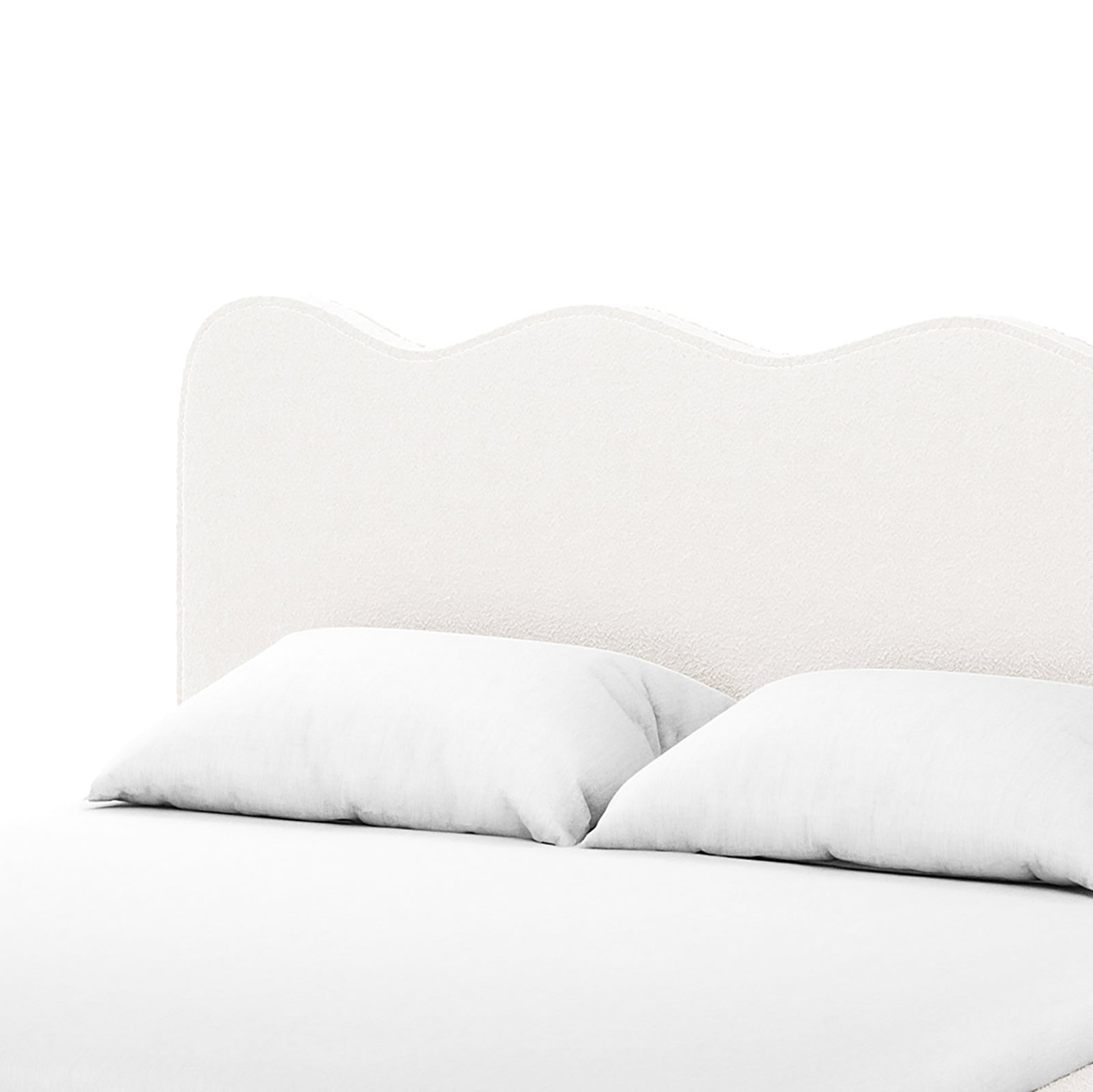 Kaylie Double Boucle Fabric Bed Frame in Cream White features a softly upholstered headboard with a wavy silhouette, accompanied by a low-profile mattress and two white pillows, exuding modern elegance and comfort.
