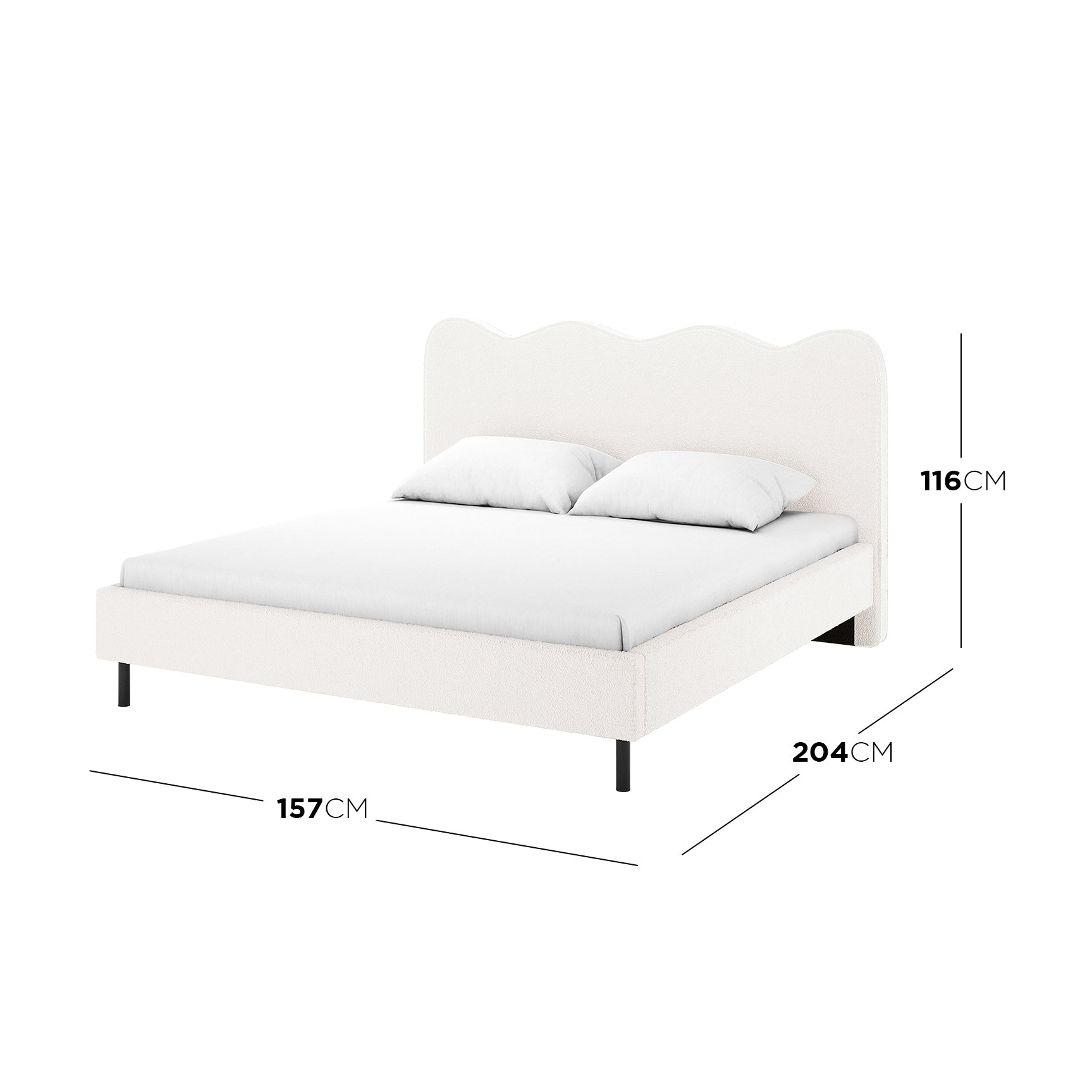 Kaylie Double Boucle Fabric Bed Frame in Cream White, featuring a scalloped headboard, soft upholstery, slim black legs, and a mattress, offering a modern, elegant design ideal for compact spaces.