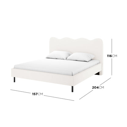 Kaylie Double Boucle Fabric Bed Frame in Cream White, featuring a scalloped headboard, soft upholstery, slim black legs, and a mattress, offering a modern, elegant design ideal for compact spaces.