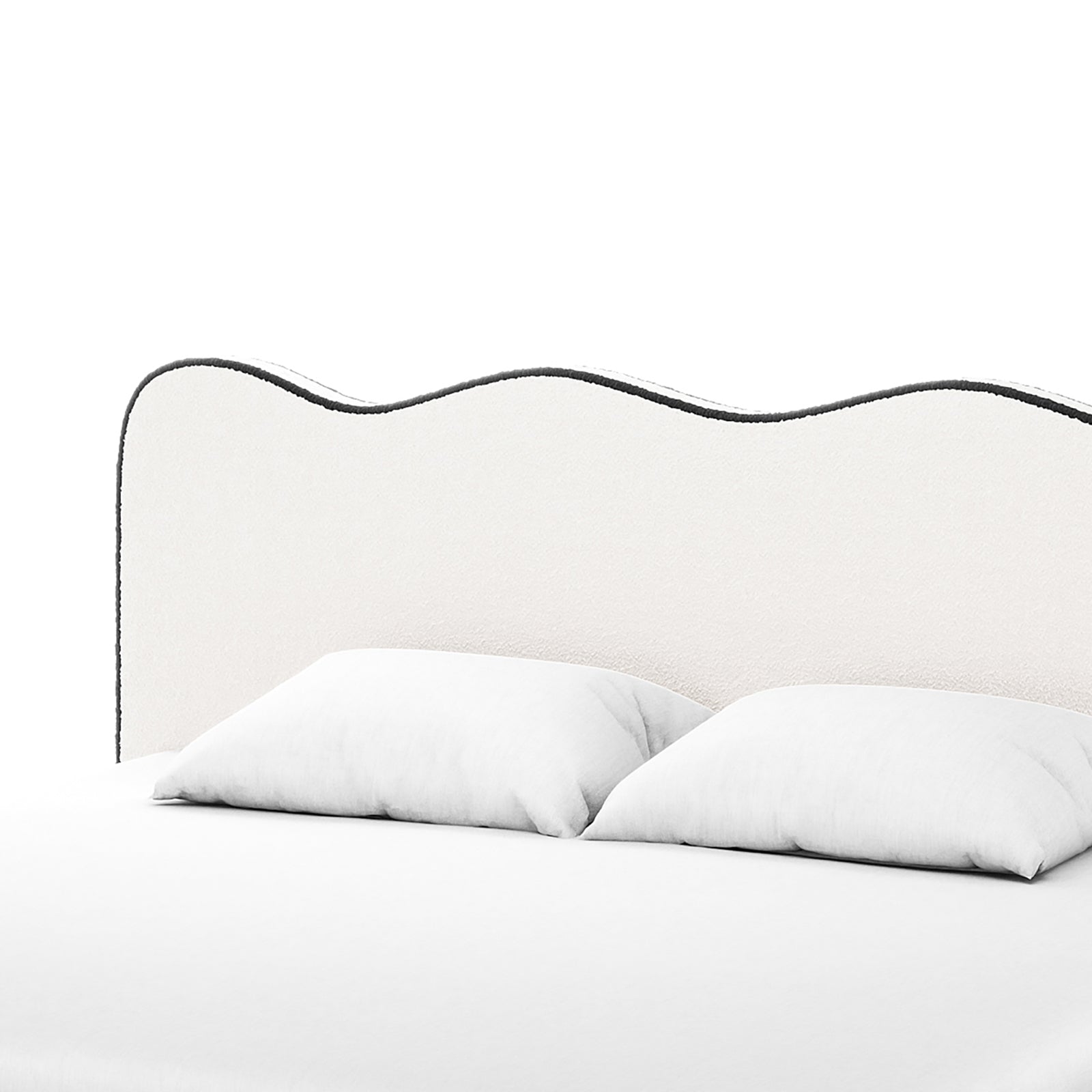 Kaylie King Boucle Fabric Bed Frame in White & Black features a wave-shaped upholstered headboard with dark piping, complemented by two white pillows and a bedcover, showcasing a minimalist and modern bedding setup.