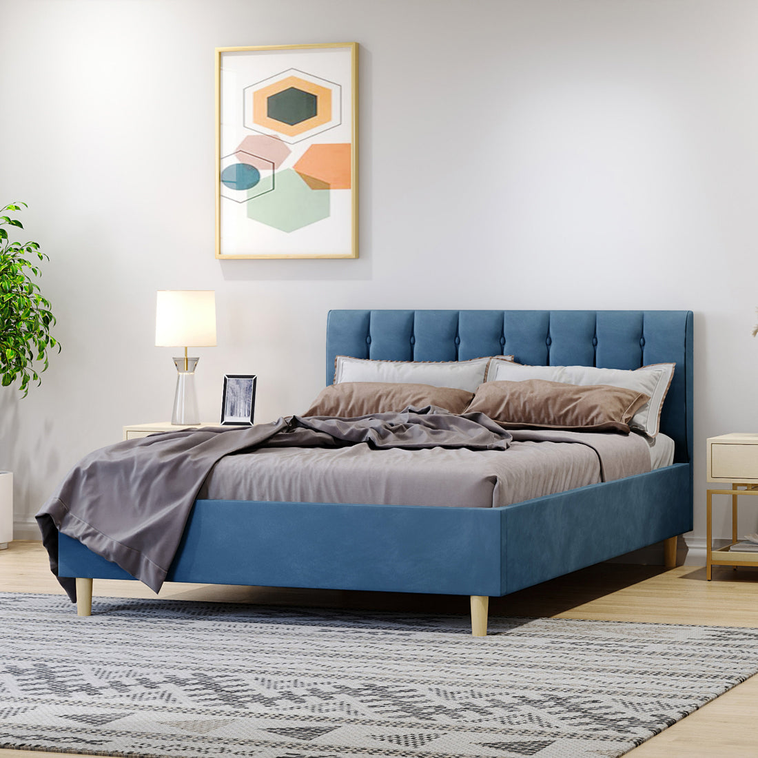 Kelly Double Velvet Bed Frame - Ocean Blue featuring a plush, vertically tufted headboard and mid-century wooden legs, providing a stylish and sturdy foundation for a double mattress in a modern bedroom setting.