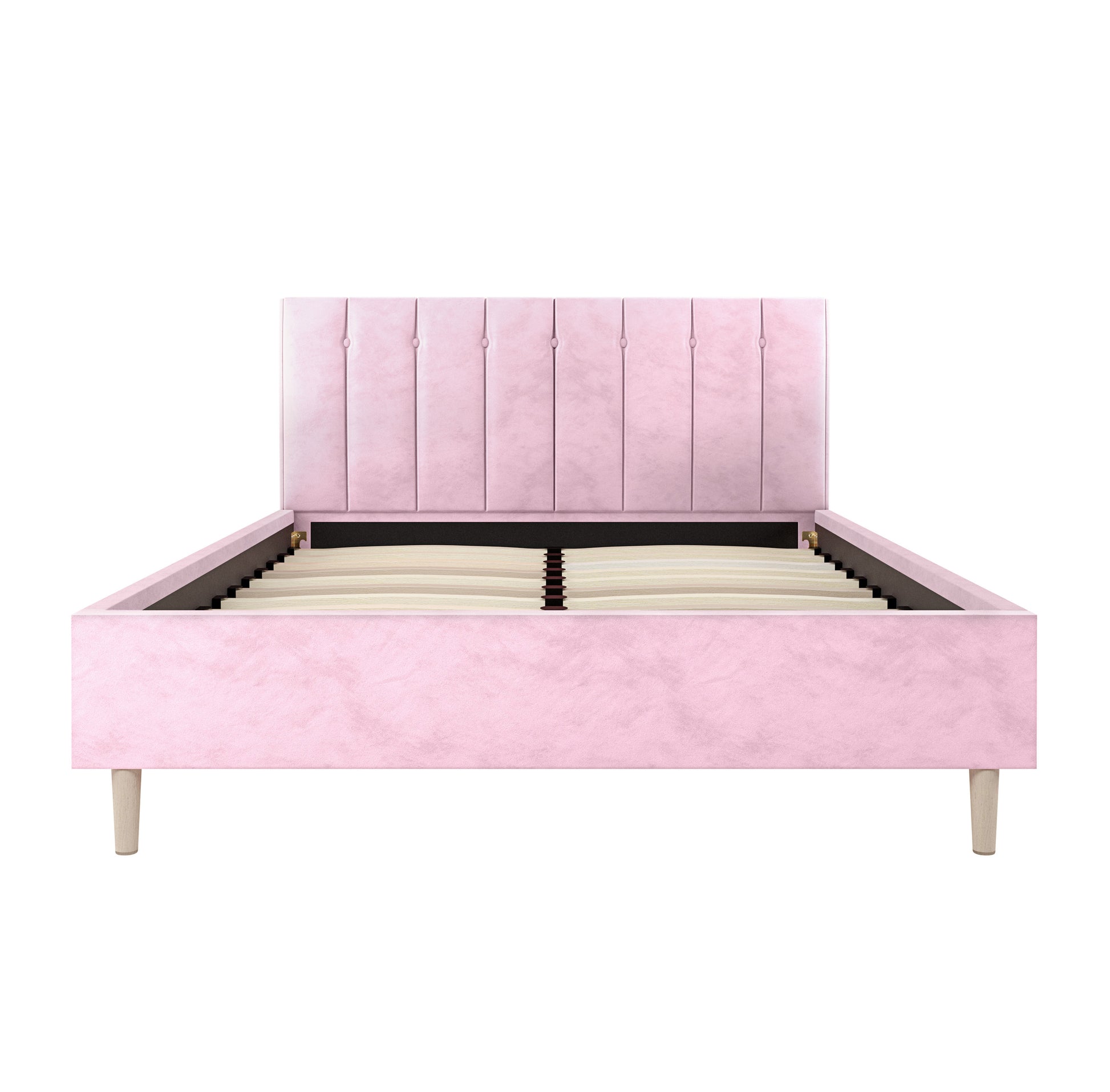 Kelly Double Velvet Fabric Bed Frame in Pink with a tall, channel-tufted headboard, low side and foot rails, exposed wooden slats, and short wooden legs, designed for a double mattress.