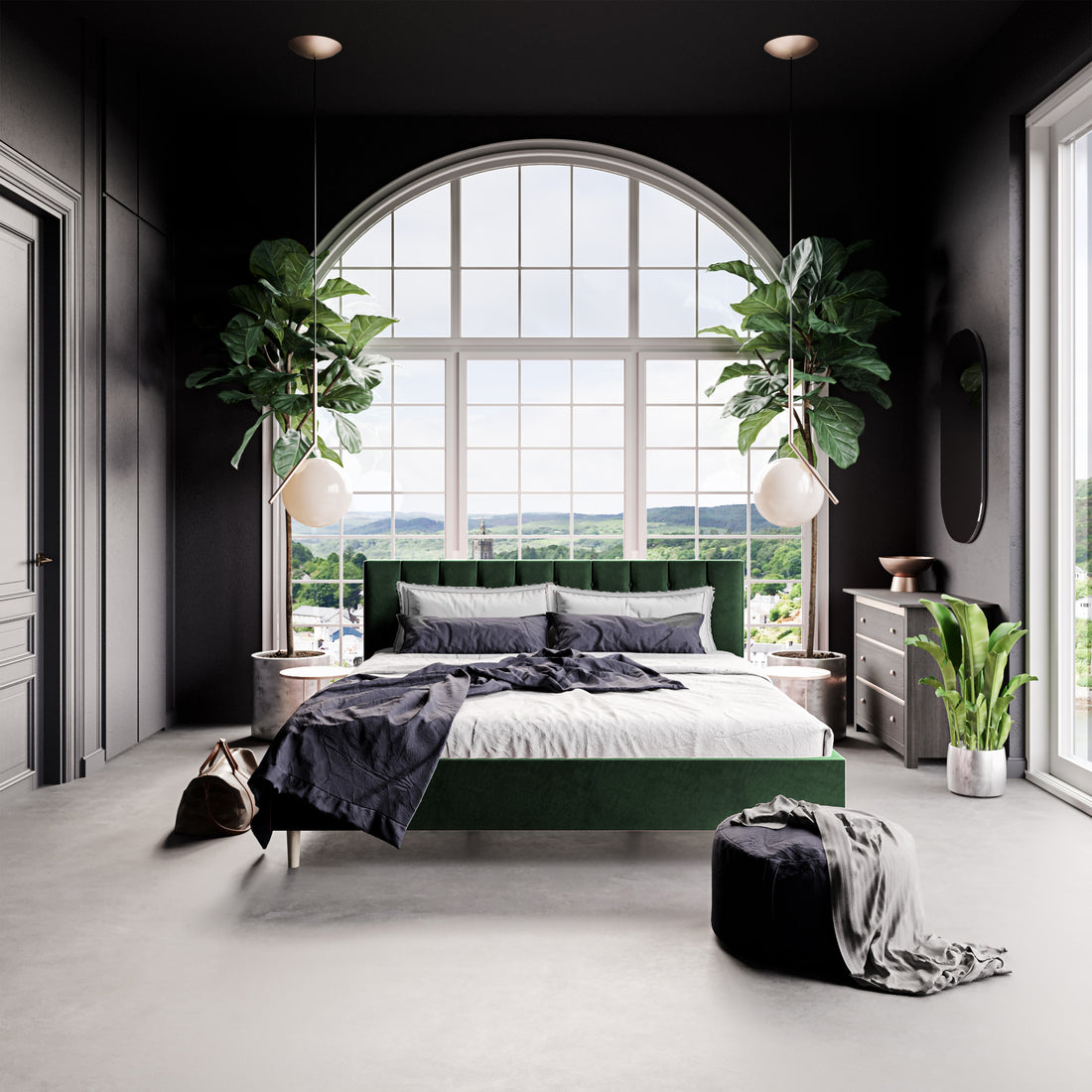 Kelly King Velvet Bed Frame – Dark Forest Green features a tufted headboard and solid wood frame, showcasing opulent design and functionality in a bedroom setting with a large window.