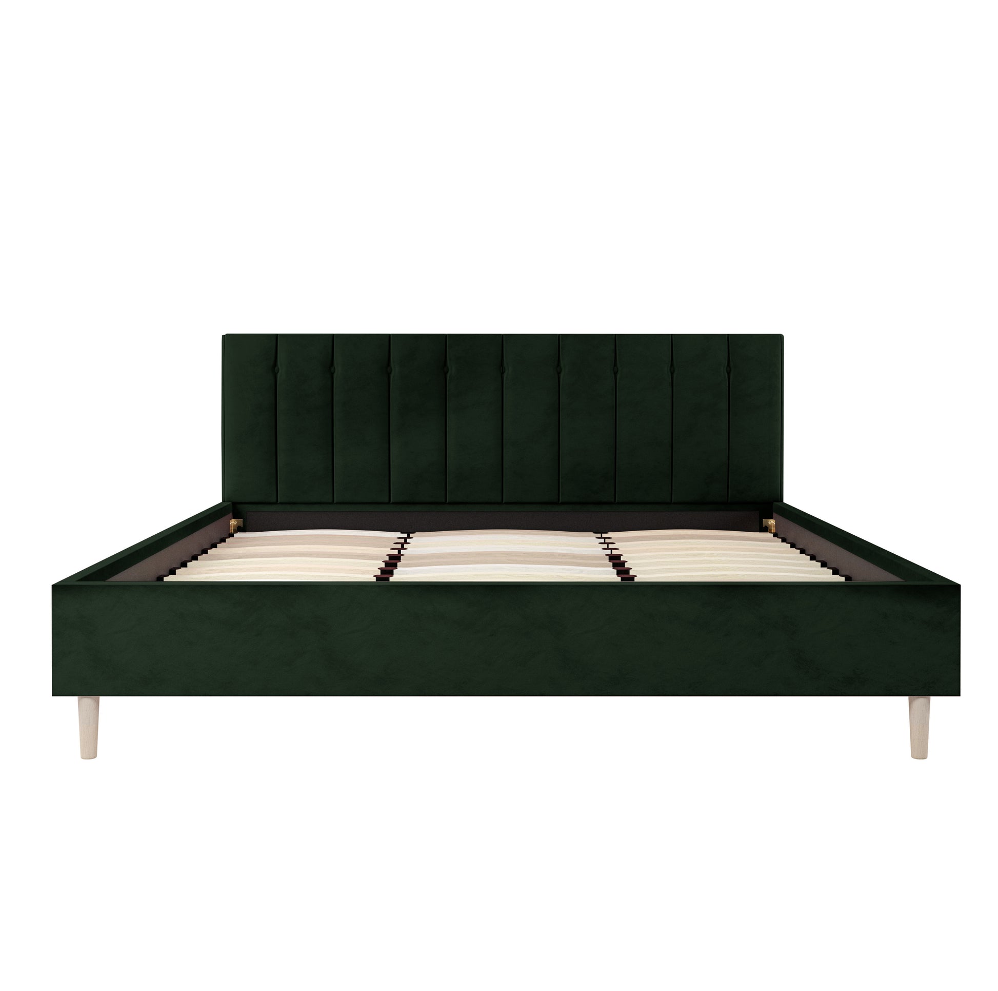 Kelly King Velvet Bed Frame – Dark Forest Green features a tufted black leather headboard, solid wood construction, and engineered slats, showcasing luxurious design and robust support for a regal bedroom centerpiece.