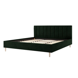 Kelly King Velvet Bed Frame – Dark Forest Green, showcasing a tufted headboard with clean vertical lines, complemented by a sturdy wood frame and metal support legs for enhanced stability and luxury.