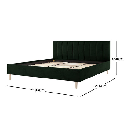 Kelly King Velvet Bed Frame – Dark Forest Green, featuring a vertically tufted headboard with plush velvet upholstery, supported by a sturdy wood frame and metal beams, designed for luxurious bedroom comfort.