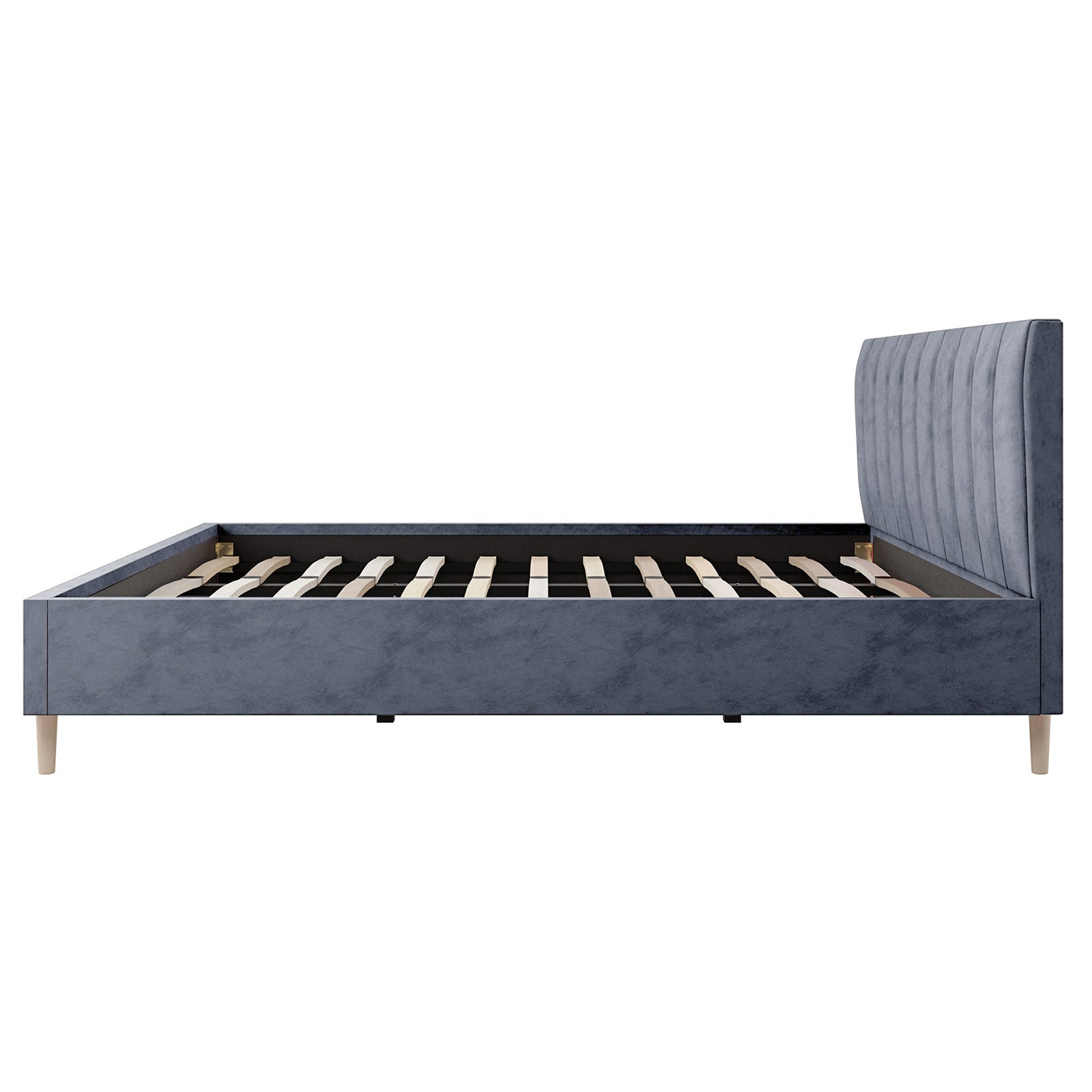 Kelly Velvet Bed Frame - King features elegant grey velvet upholstery with a tufted headboard, solid wood legs, and a sturdy frame, showcasing modern elegance and durability for bedroom enhancement.