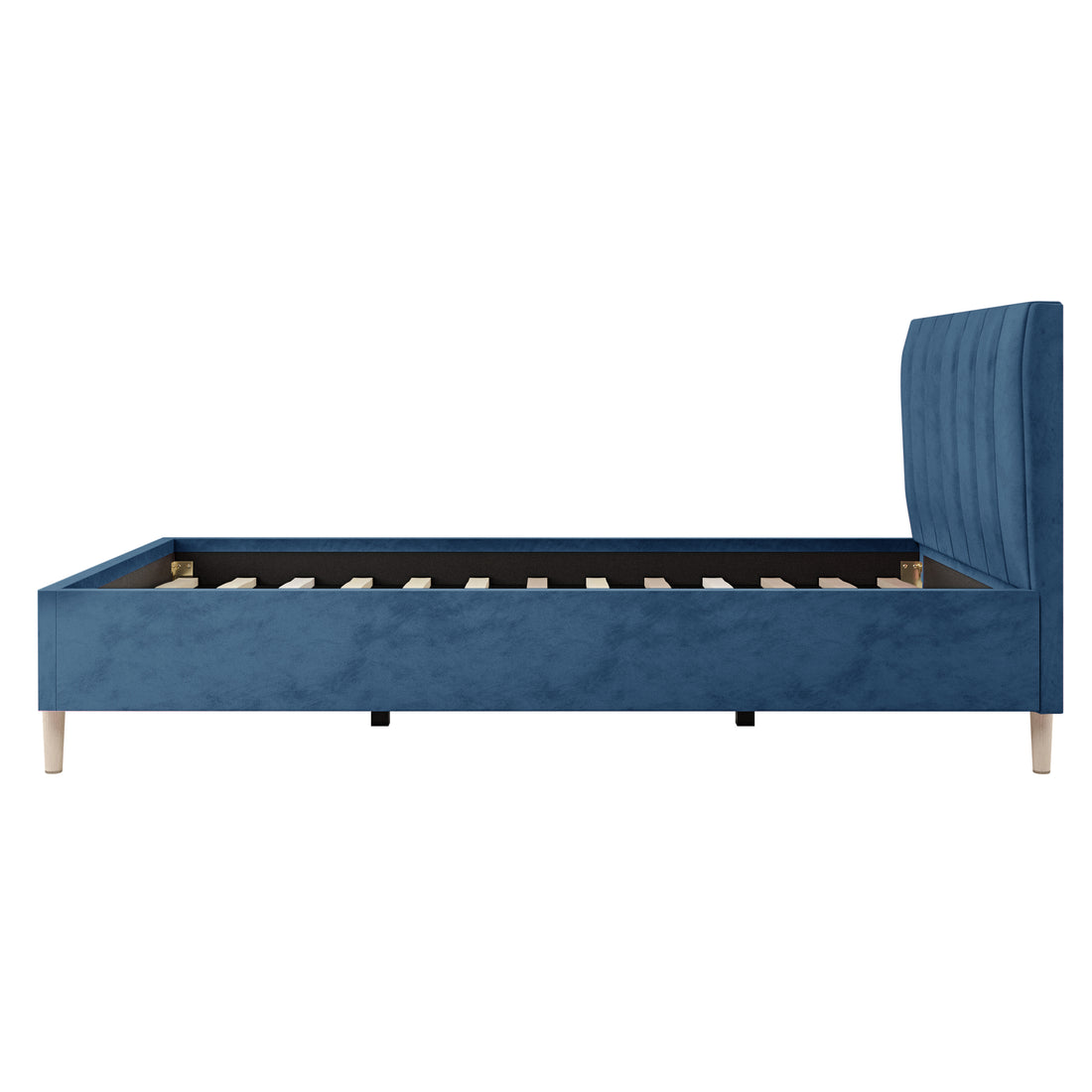 Kelly Velvet Bed Frame - Ocean Blue, featuring a luxurious velvet headboard with vertical tufting and solid wood legs, providing a stylish and durable centerpiece for any bedroom decor.