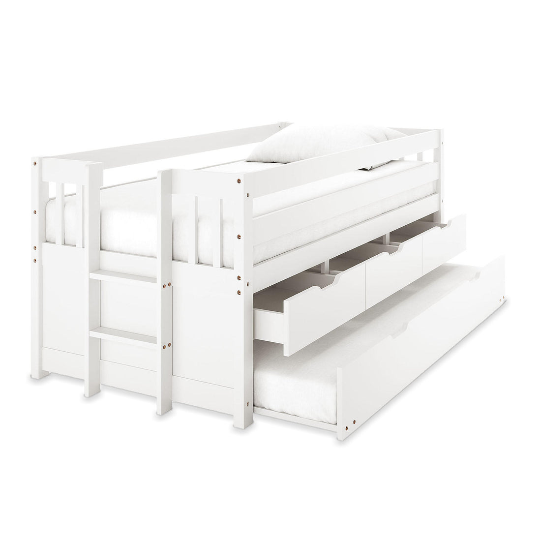 Kiki Single Solid Wood Storage Bed with Trundle in White features a bunk-style daybed with full-length guardrail, ladder, three pull-out drawers, and a lower trundle for extra sleeping space.