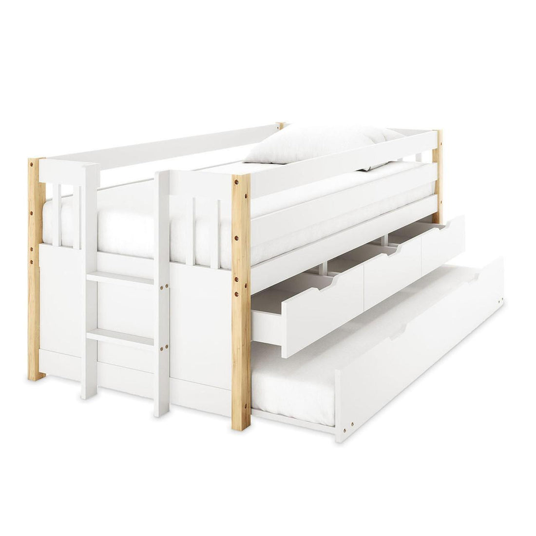 Kiki Single Solid Wood Storage Bed with Trundle in Natural features a white loft-style design, guardrails, ladder, trundle mattress platform, and three storage drawers, showcasing a modern white and natural finish.