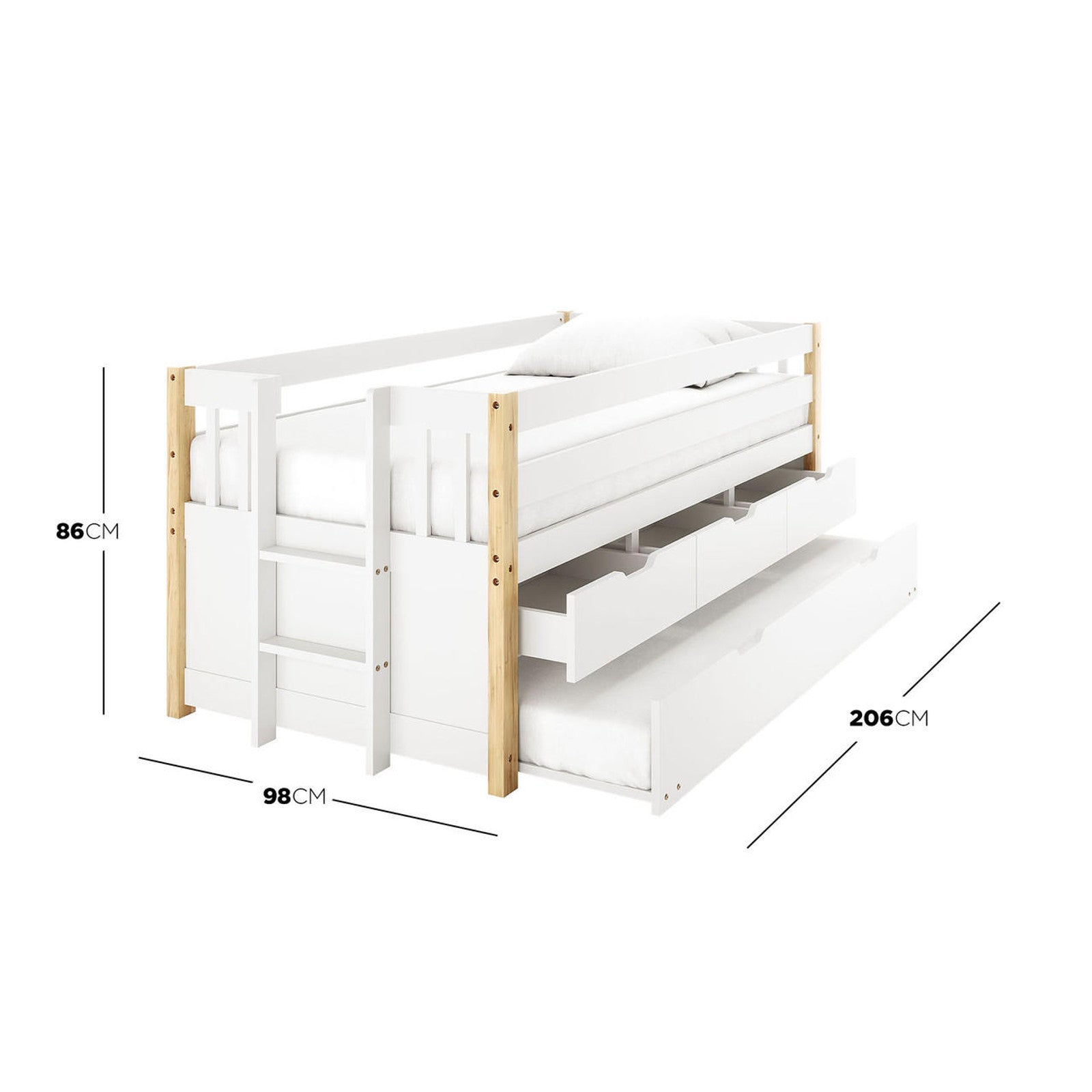 Kiki Single Solid Wood Storage Bed with Trundle in Natural features a twin bed with built-in ladder, side safety rails, three storage drawers, and a pull-out trundle bed underneath.