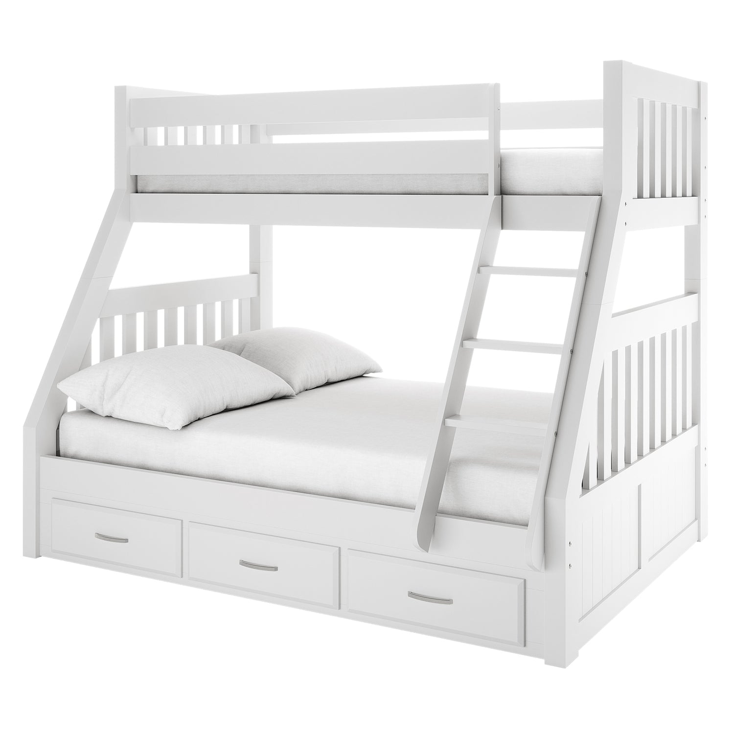 Kourtney Hardwood Triple Bunk Bed with Drawers in White features a full-size lower bunk, narrow upper bunk, angled ladder, and three pull-out storage drawers, all with slatted guardrails for safety.