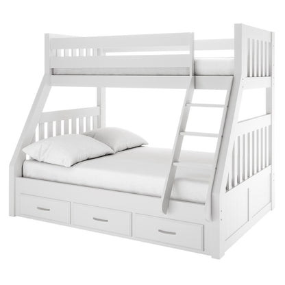 Kourtney Hardwood Triple Bunk Bed with Drawers in White features a full-size lower bunk, narrow upper bunk, angled ladder, and three pull-out storage drawers, all with slatted guardrails for safety.