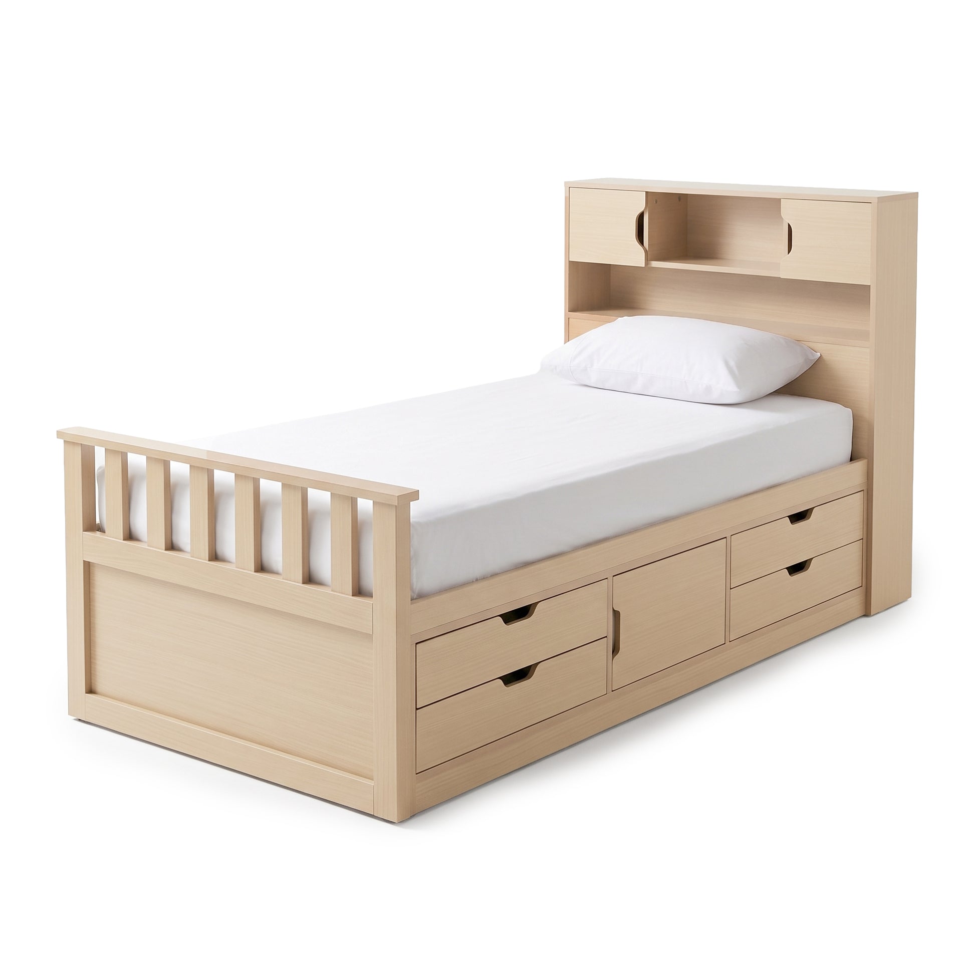 Light wood bed with built-in drawers and headboard storage on a white background