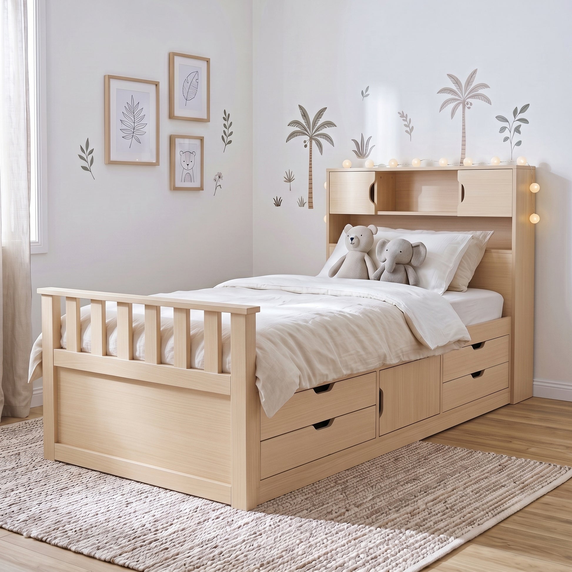 Wooden storage bed staged in a decorated bedroom with toys and lights