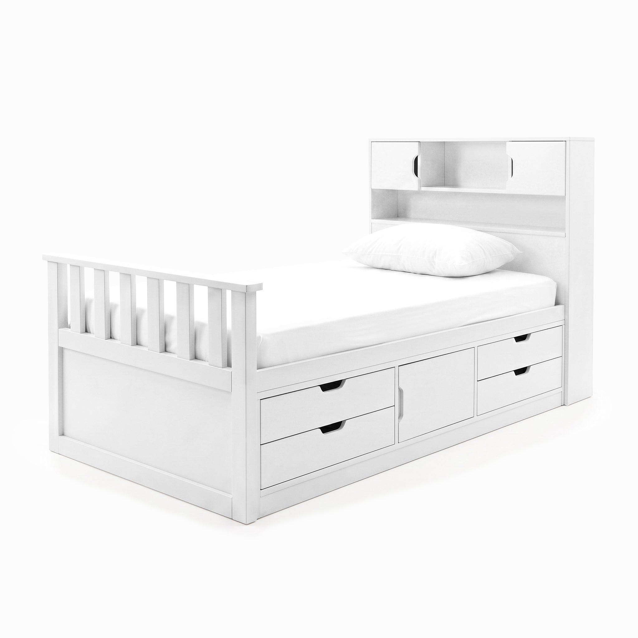 White storage bed with headboard shelves and under-bed drawers on a white background