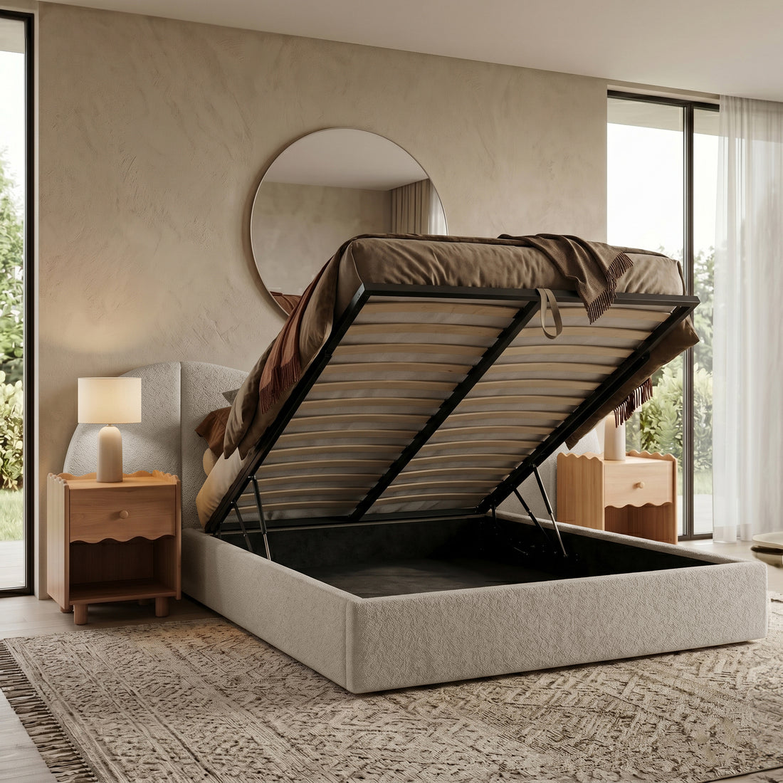 Lila Queen Boucle Gas Lift Storage Bed Frame in Beige