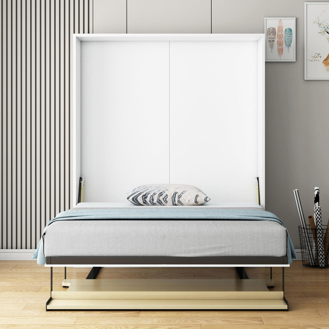 Logan & Cybele Queen Murphy Bed & Mattress Set in White features a wall-mounted fold-down bed with gray and blue linens, integrated desk, and framed prints, exemplifying modern minimalistic design.