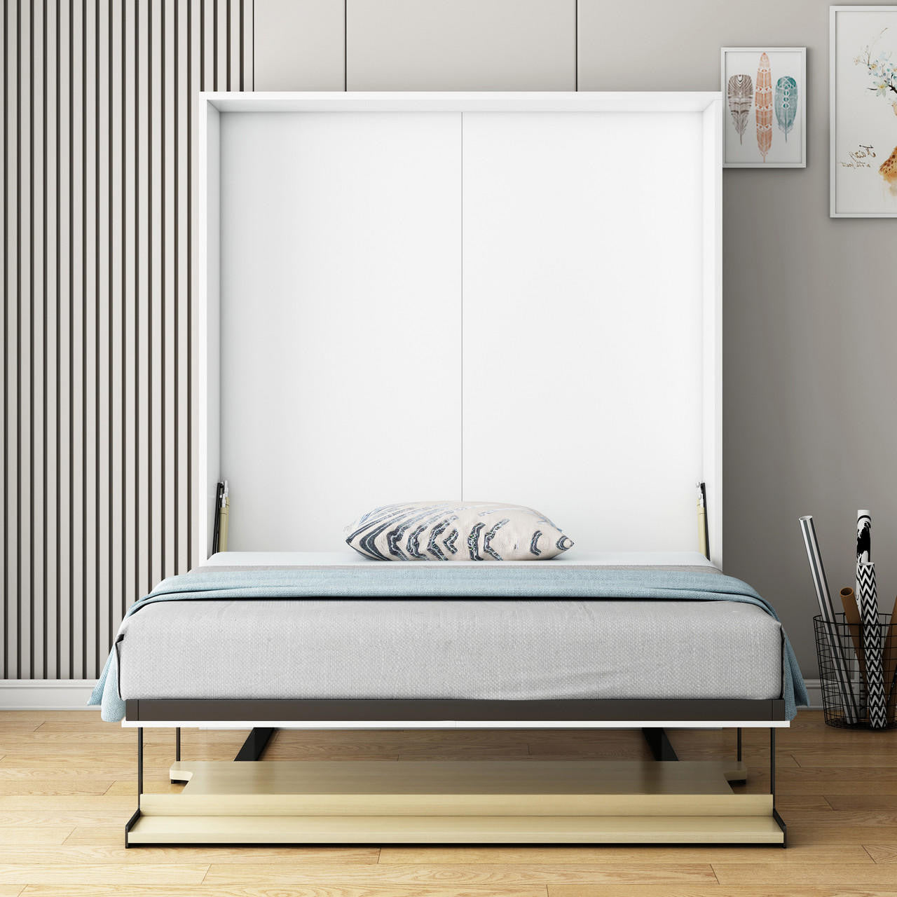 Logan & Cybele Queen Murphy Bed & Mattress Set in White features a wall-mounted fold-down bed with gray and blue linens, integrated desk, and framed prints, exemplifying modern minimalistic design.