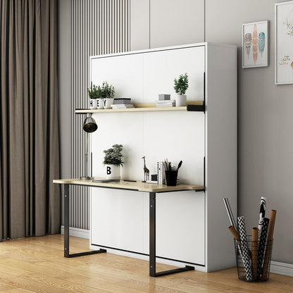 Logan & Cybele Queen Murphy Bed & Mattress Set in White, featuring a fold-down desk with potted plants and a laptop, framed by wooden paneling, enhancing a sleek, minimalist home-office nook.