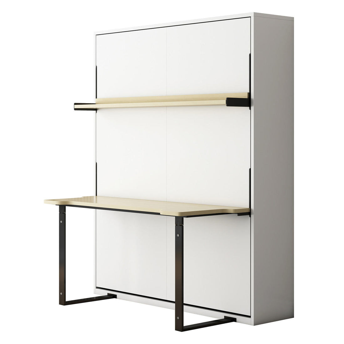 Logan & Cybele Queen Murphy Bed & Mattress Set in White; a wall-mounted fold-down desk unit, showcasing a sleek white cabinet with fold-out light-wood desk and matching shelf on black metal supports.