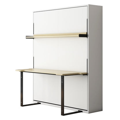 Logan & Cybele Queen Murphy Bed & Mattress Set in White; a wall-mounted fold-down desk unit, showcasing a sleek white cabinet with fold-out light-wood desk and matching shelf on black metal supports.
