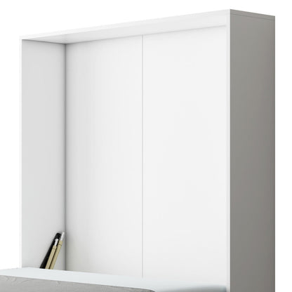 Logan & Cybele Queen Murphy Bed & Mattress Set in White: Minimalist all-white headboard with flush panels and concealed storage behind a bed. Two pencil-like objects visible inside, suggesting functionality.