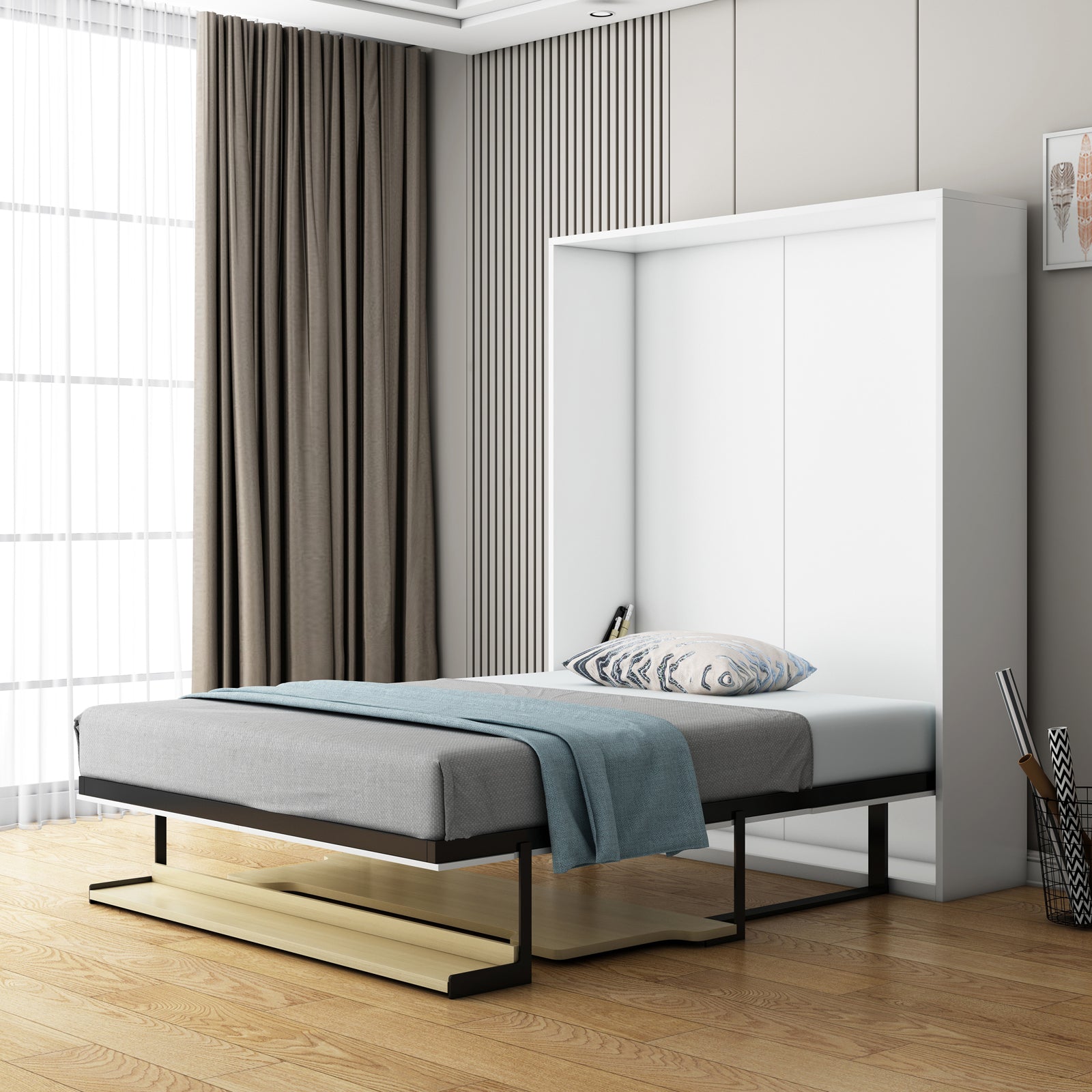 Logan Queen Space Saving Foldout Wall Bed & Desk in White, featuring a minimalistic pull-down design, grey mattress, teal throw, patterned pillow, vertical slat wall, and wire basket with rolled posters.