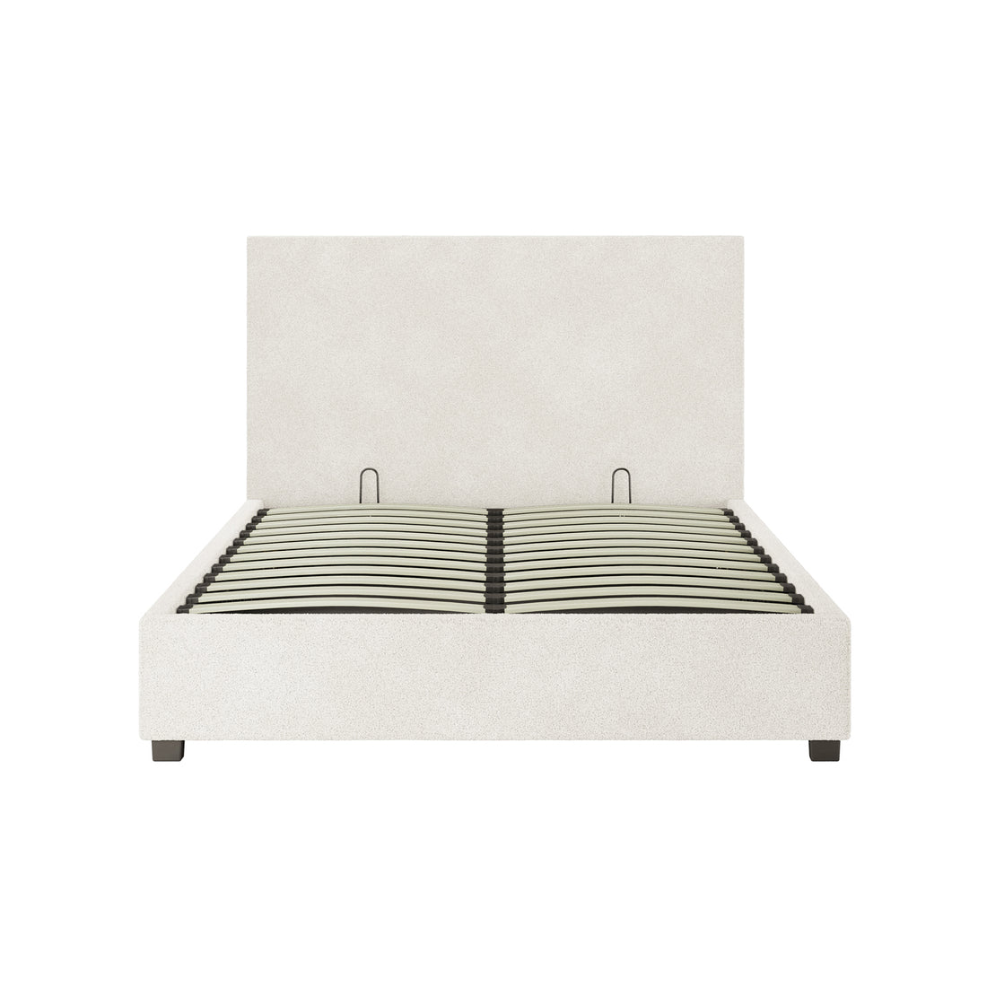 Lovita Double Bouclé Bed Frame with Gas Lift Storage features a minimalist design with cream upholstery, wooden slats for support, and metal handles above slats, resting on dark wooden block feet.
