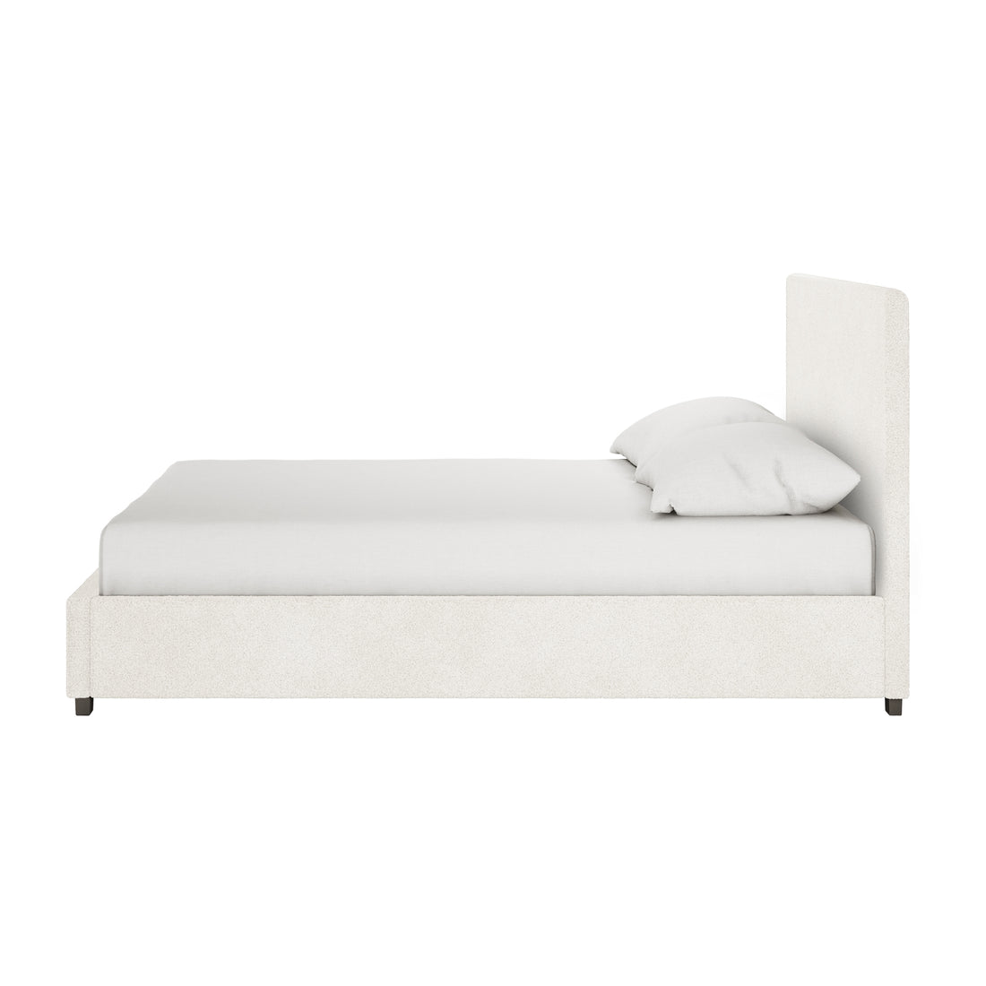 Lovita Double Bouclé Bed Frame with Gas Lift Storage in cream white, side view showing low footboard, rectangular headboard, and neatly made mattress, highlighting its modern, functional design.