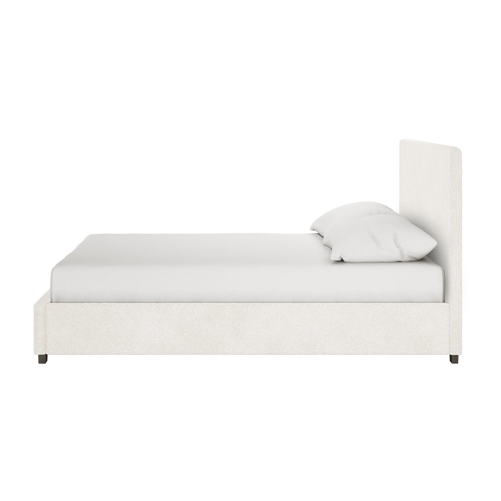 Lovita Double Bouclé Bed Frame with Gas Lift Storage in cream white, side view showing low footboard, rectangular headboard, and neatly made mattress, highlighting its modern, functional design.