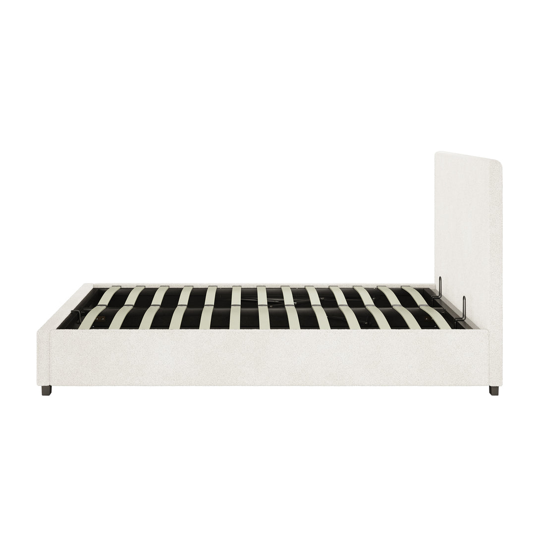Lovita Double Bouclé Bed Frame with Gas Lift Storage features a low-profile design, upholstered in bouclé, with a rectangular headboard, wooden slats, and block-style legs, showcasing practical elegance without a mattress.