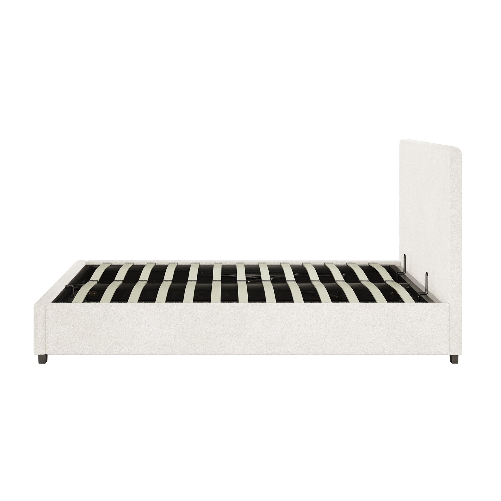 Lovita Double Bouclé Bed Frame with Gas Lift Storage features a low-profile design, upholstered in bouclé, with a rectangular headboard, wooden slats, and block-style legs, showcasing practical elegance without a mattress.