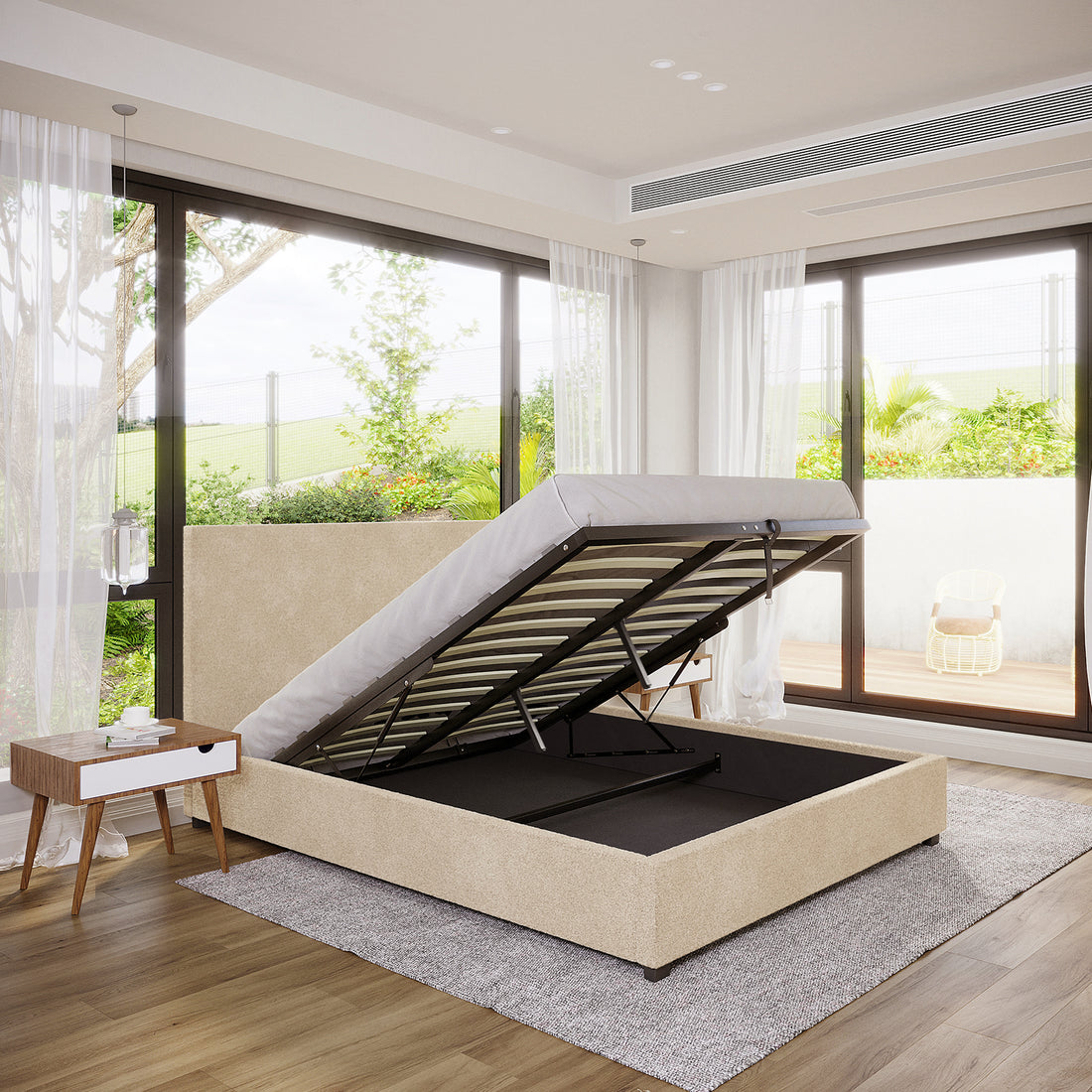 Lovita Queen Bouclé Bed Frame with Gas Lift Storage – Cream Beige, featuring an elevated mattress revealing ample storage. Paired with a mid-century bedside table, the scene exudes modern elegance and functionality.