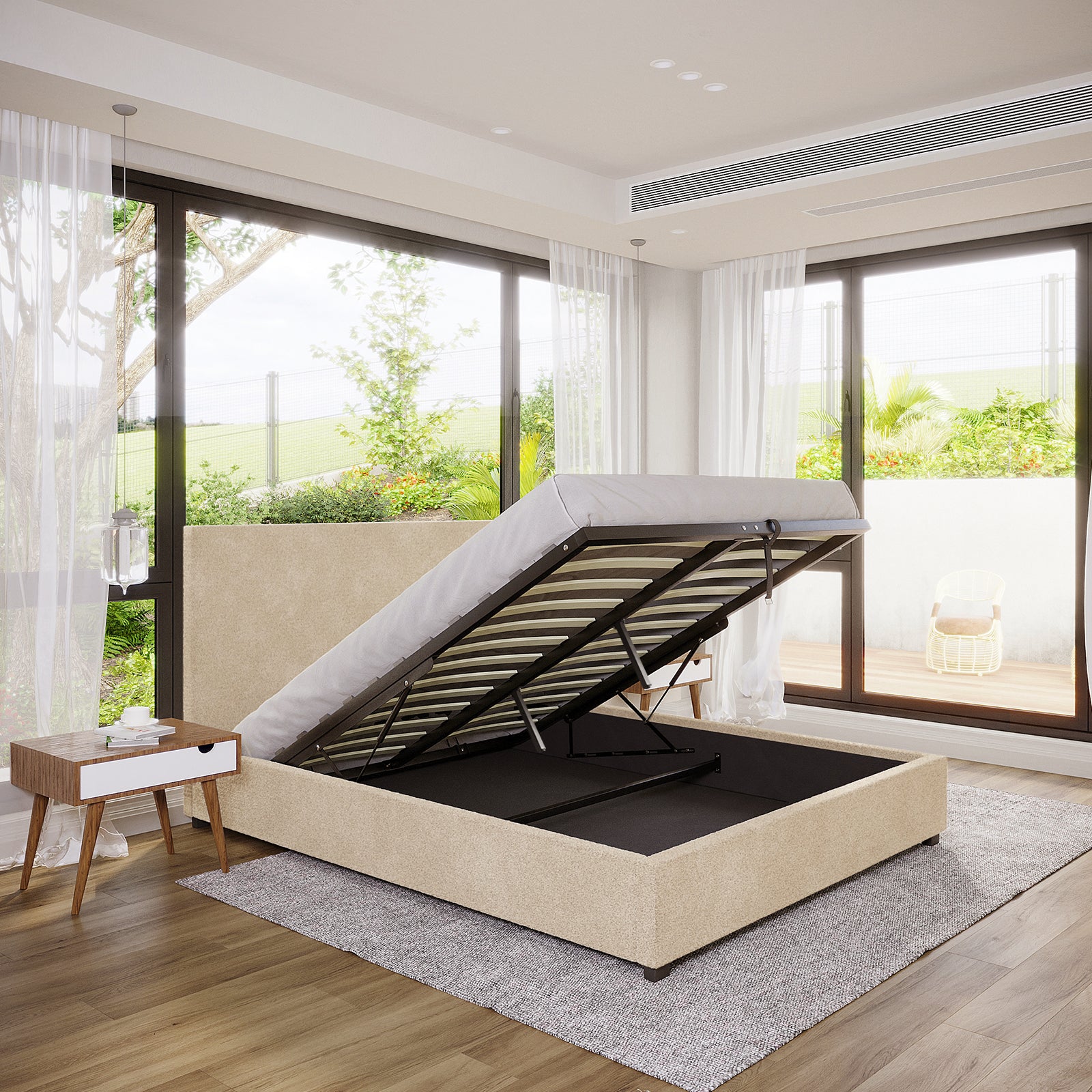 Lovita Queen Bouclé Bed Frame with Gas Lift Storage – Cream Beige, featuring an elevated mattress revealing ample storage. Paired with a mid-century bedside table, the scene exudes modern elegance and functionality.
