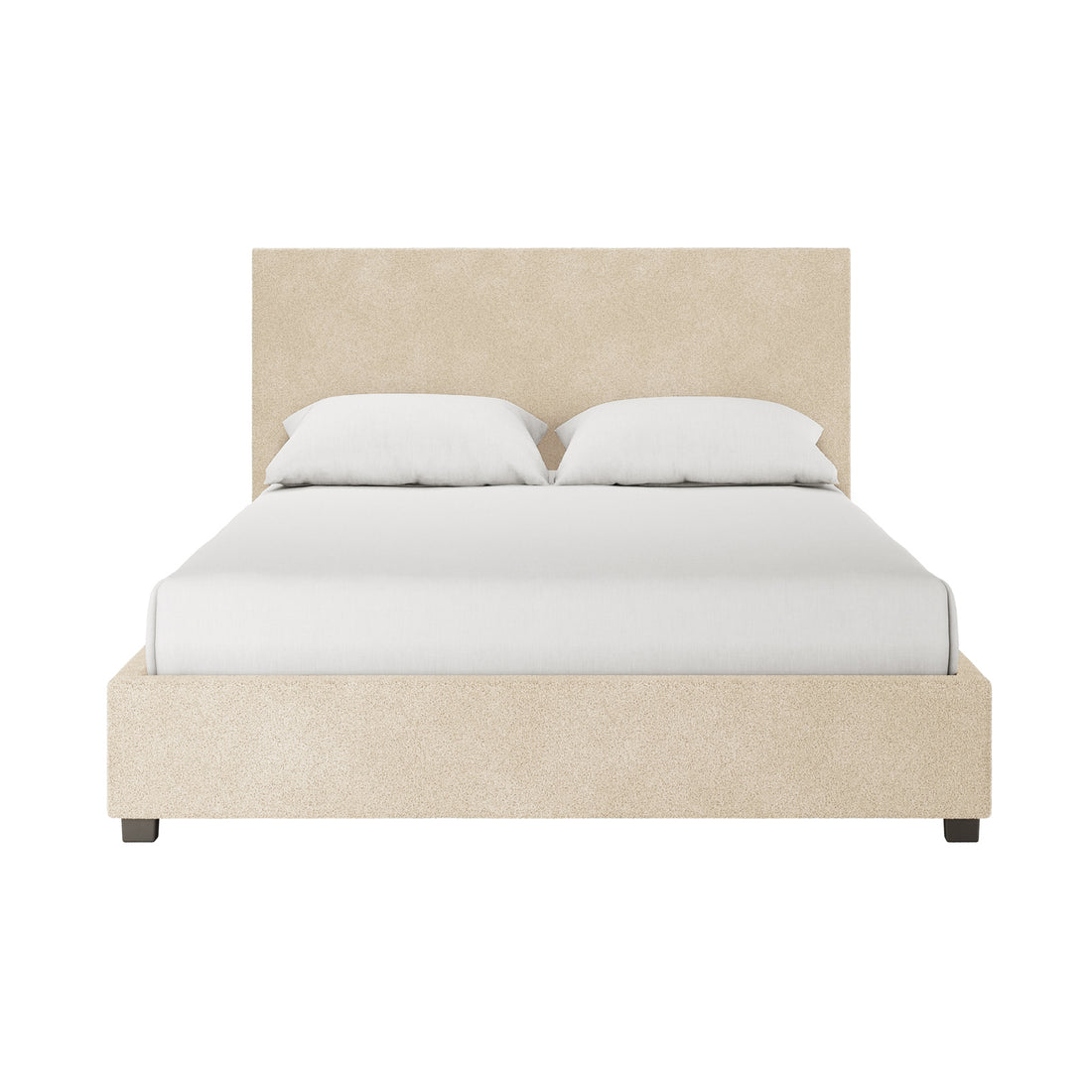 Lovita Queen Bouclé Bed Frame with Gas Lift Storage – Cream Beige, featuring a low-profile beige fabric frame, tall matching headboard, and a mattress with white linens and pillows.