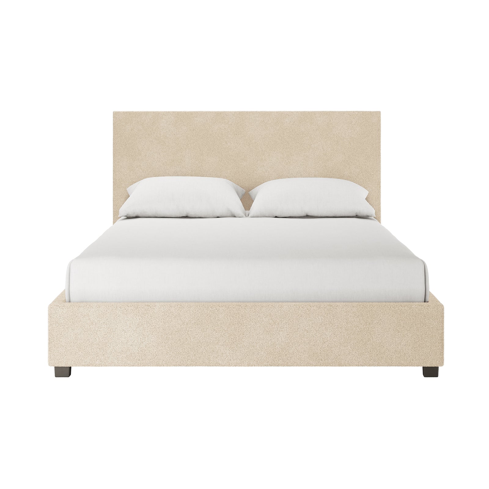 Lovita Queen Bouclé Bed Frame with Gas Lift Storage – Cream Beige, featuring a low-profile beige fabric frame, tall matching headboard, and a mattress with white linens and pillows.