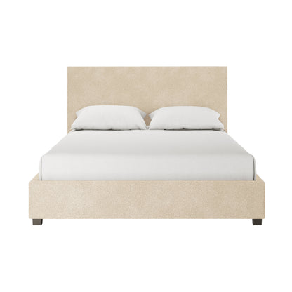 Lovita Queen Bouclé Bed Frame with Gas Lift Storage – Cream Beige, featuring a low-profile beige fabric frame, tall matching headboard, and a mattress with white linens and pillows.