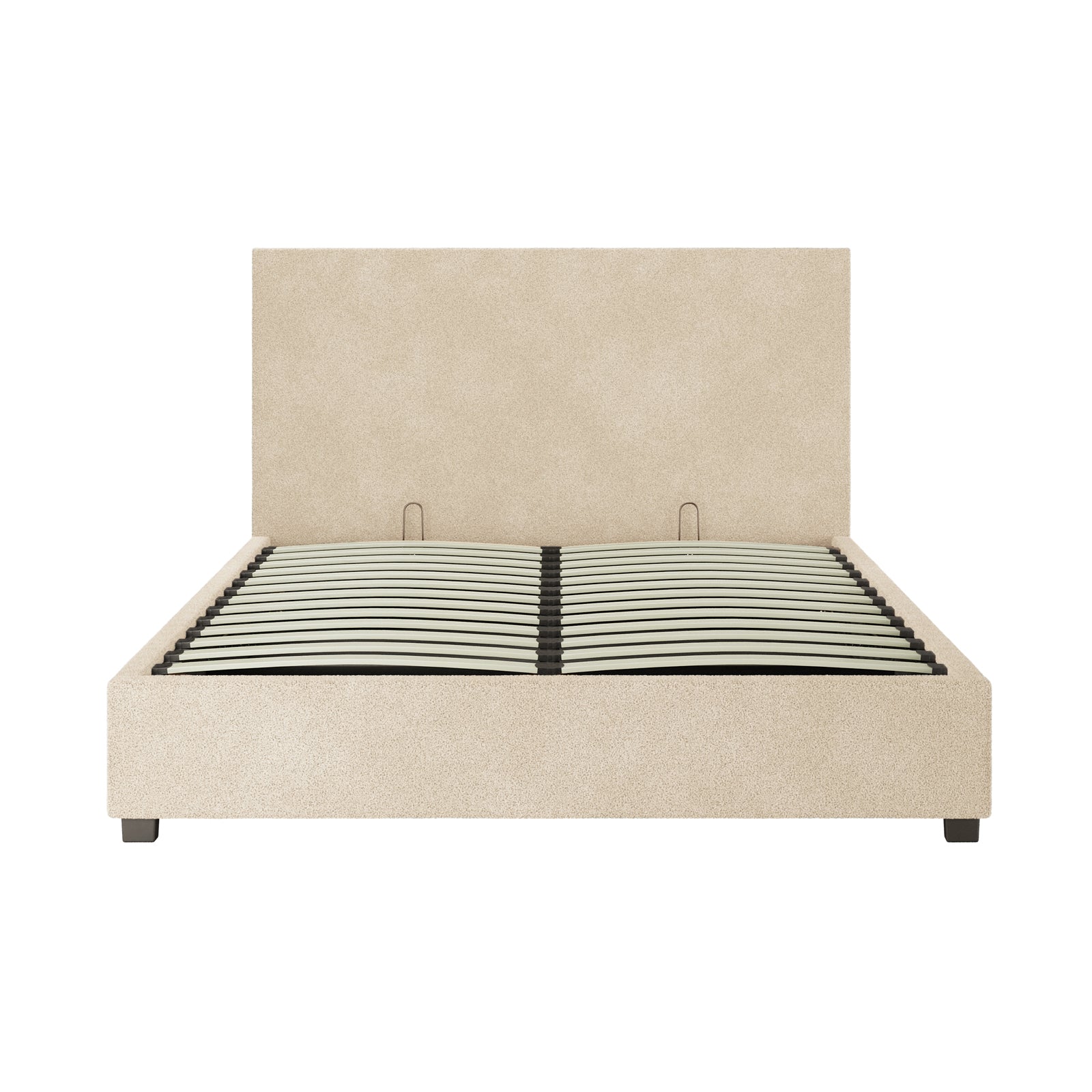 Lovita Queen Bouclé Bed Frame with Gas Lift Storage – Cream Beige, featuring a tall headboard, low footboard, wooden slats, and short block legs, upholstered in light beige fabric, offers practical under-bed storage.