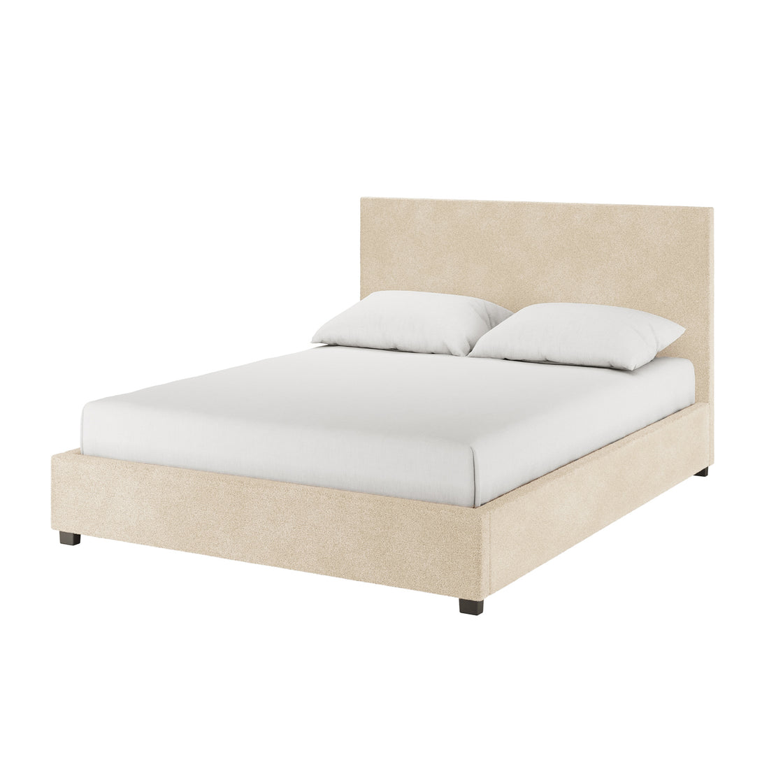 Lovita Queen Bouclé Bed Frame with Gas Lift Storage in cream beige, featuring a modern upholstered frame and headboard, topped with a white mattress and pillows for a clean, minimal look.