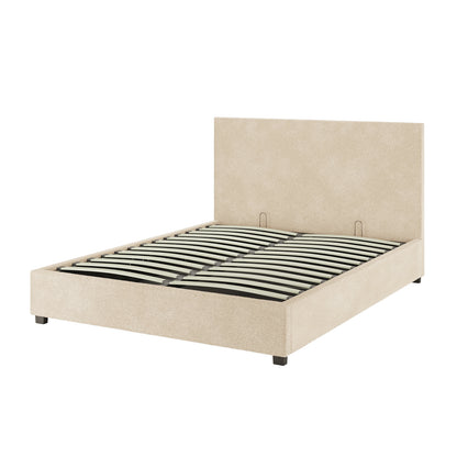 Lovita Queen Bouclé Bed Frame with Gas Lift Storage in Cream Beige, featuring a modern design with a low-profile platform, light beige upholstery, rectangular headboard, and curved slats for mattress support.