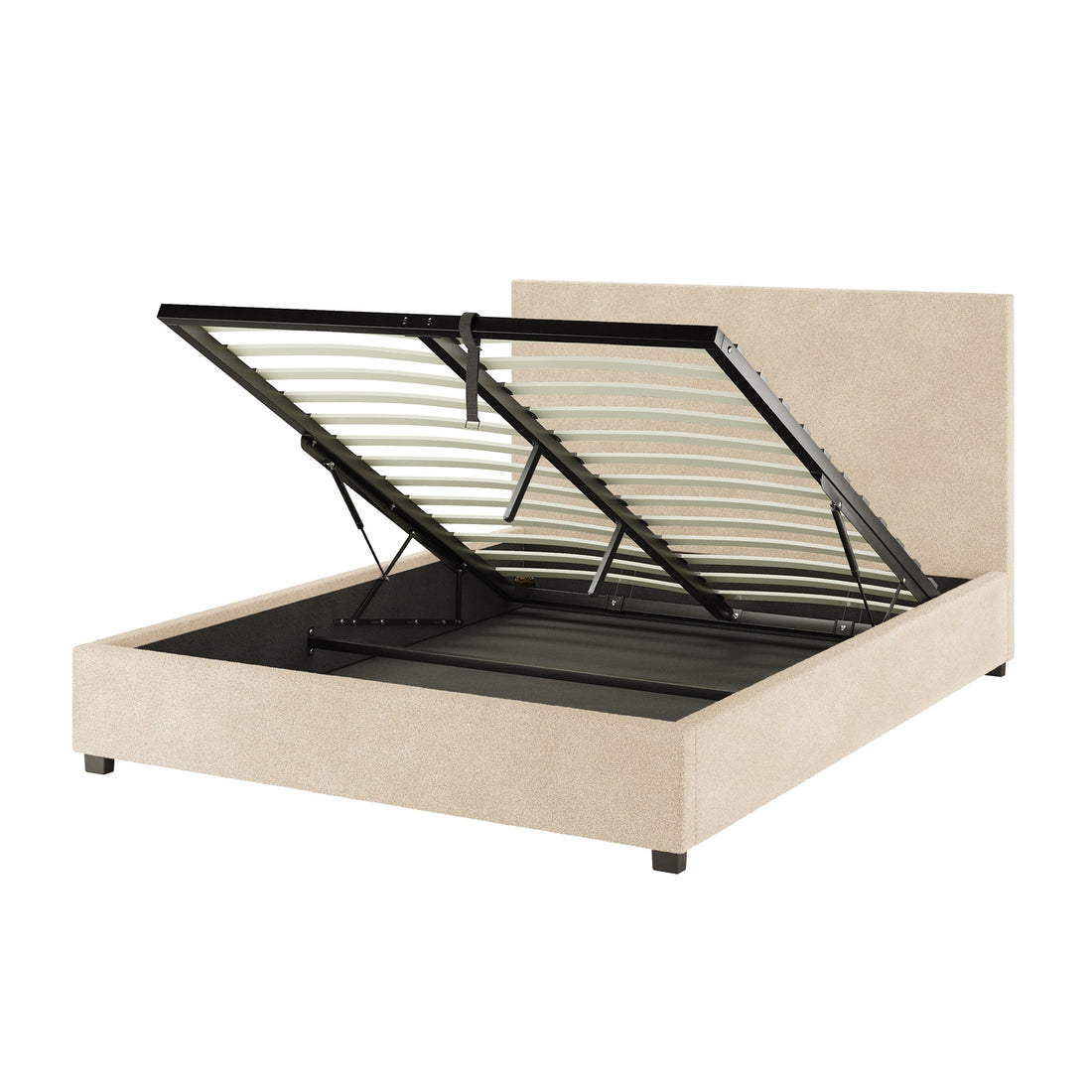 Lovita Queen Bouclé Bed Frame with Gas Lift Storage – Cream Beige: A modern upholstered bed with a rectangular headboard, low footboard, and slatted platform, revealing storage beneath when lifted.