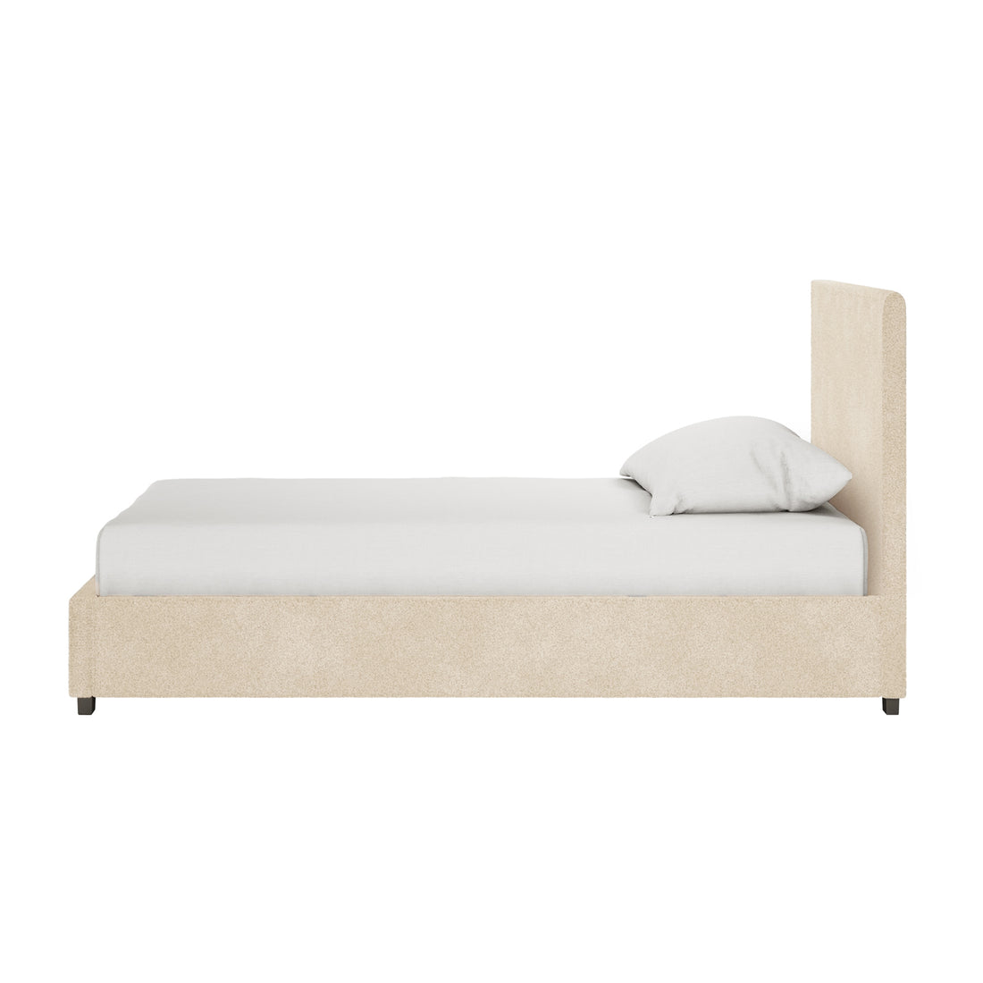 Lovita Queen Bouclé Bed Frame with Gas Lift Storage – Cream Beige, featuring a low-profile upholstered frame, tall headboard, and white mattress, emphasizing its modern design and functional storage solution.