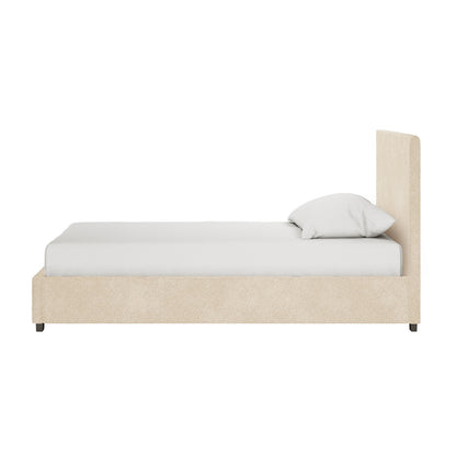 Lovita Queen Bouclé Bed Frame with Gas Lift Storage – Cream Beige, featuring a low-profile upholstered frame, tall headboard, and white mattress, emphasizing its modern design and functional storage solution.