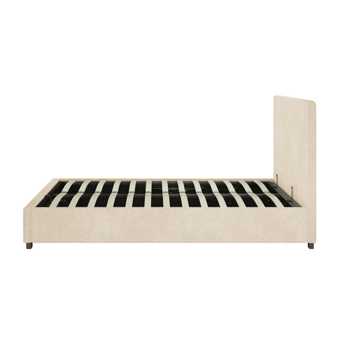 Lovita Queen Bouclé Bed Frame with Gas Lift Storage in Cream Beige, featuring a low-profile design with light beige upholstery, rectangular headboard, wood slats, black metal frame, and block feet.