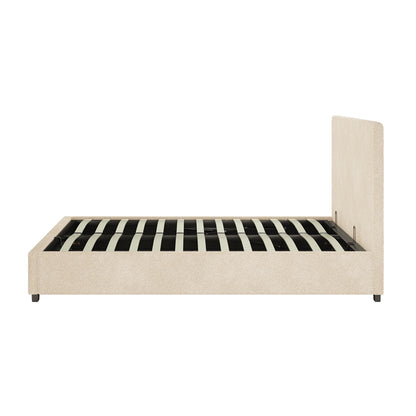 Lovita Queen Bouclé Bed Frame with Gas Lift Storage in Cream Beige, featuring a low-profile design with light beige upholstery, rectangular headboard, wood slats, black metal frame, and block feet.