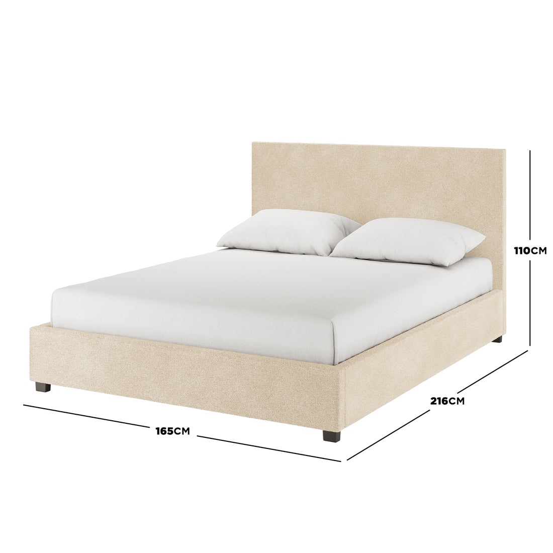 Lovita Queen Bouclé Bed Frame with Gas Lift Storage in cream beige, featuring a low-profile design with matching headboard, white mattress, and pillows, measuring 216x165x110cm.