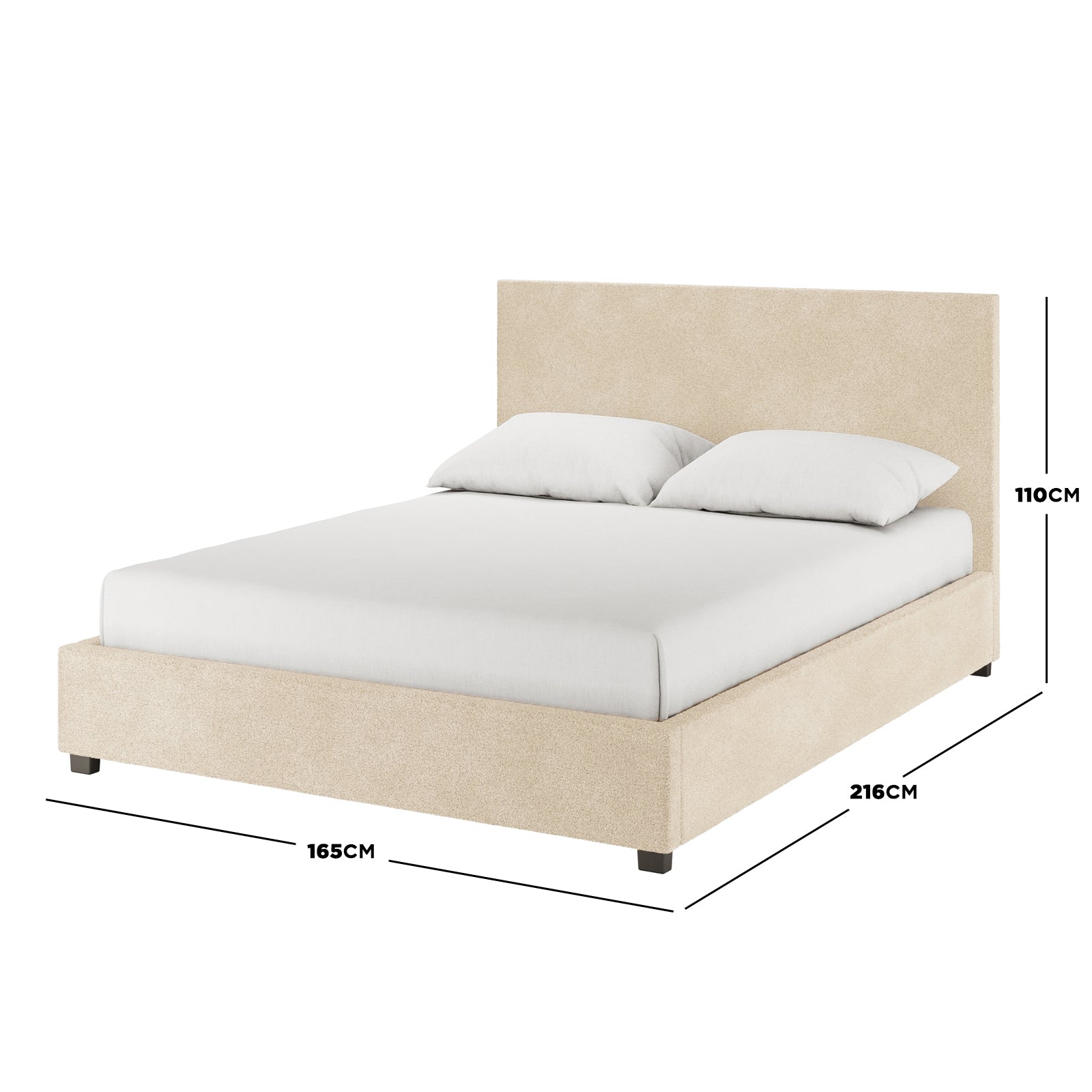 Lovita Queen Bouclé Bed Frame with Gas Lift Storage in cream beige, featuring a low-profile design with matching headboard, white mattress, and pillows, measuring 216x165x110cm.