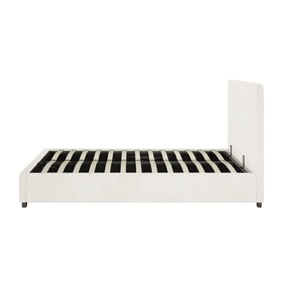 Lovita Queen Bouclé Bed Frame with Gas Lift Storage in cream white, featuring a low upholstered headboard, platform design, and wooden/metal support slats, highlighting its elegant style and practical storage solution.
