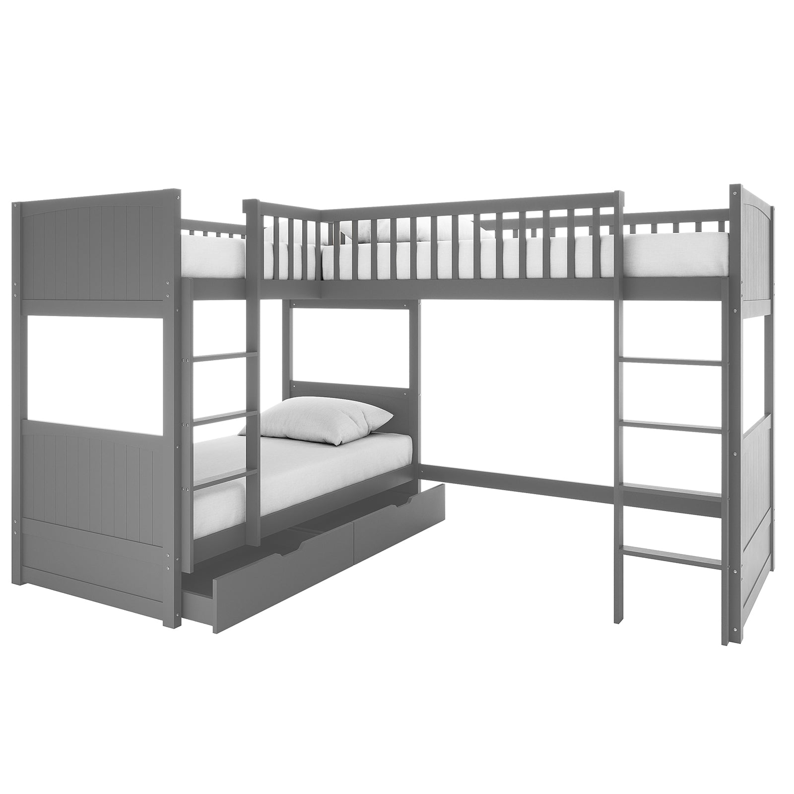 Lucy Triple Bunk Bed with Thermis Mattress Package showcases a solid pine, L-shaped design with two stacked single beds and a lofted single bed, emphasizing space-saving functionality and comfort.